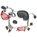 Cartoon black and white cow in a childish drawing style