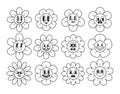 Cartoon Black White Daisy Emoticons, Retro Daisies With Expressive Emotions. Happy, Sad, Angry, Bored And Grumpy Flower