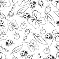 Cartoon black and white hand drawing beetle ladybug and caterpillars, leaves and flowers of clover seamless pattern