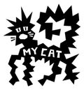 Cartoon black and white stylized fantastic cat with the inscription `My cat`.