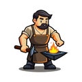 Cartoon Blacksmith Working at Anvil with Hammer and Fire Illustration Royalty Free Stock Photo