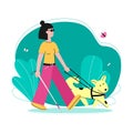 Cartoon blind girl and cute guide dog walking in summer park and smiling Royalty Free Stock Photo