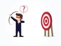 Cartoon blindfolded businessman shooting arrow miss the target. Vector illustration for business design and infographic