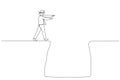 Cartoon of blindfolded businessman walking into deep hole concept of uncertainty in business. One line art style