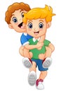 Cartoon blond boy giving his friend a piggyback ride