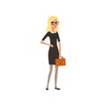 Cartoon blond business woman with brown briefcase. Young