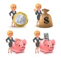 Cartoon blond business woman money set
