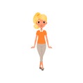 Cartoon blond girl with ponytail in orange t-shirt and beige breeches. Female character posing with cheerful face