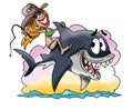 Cartoon blond girl riding a great white shark vector