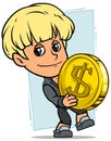 Cartoon blonde boy character holding golden coin Royalty Free Stock Photo