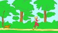 Cartoon blonde girl running in the park on a summer day with dog Royalty Free Stock Photo