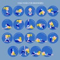 Cartoon blonde girl in Yoga poses with titles for beginners isolated on blue background