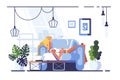 Cartoon blonde relaxing with laptop on sofa