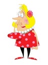 Cartoon of a blonde woman wearing a spotted dress