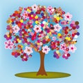 Cartoon blossoming tree with flowers and butterflies