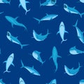 Cartoon Blue Characters Shark Seamless Pattern Background. Vector Royalty Free Stock Photo