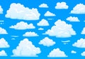 Cartoon blue cloudy sky. Horizontal seamless pattern with white fluffy clouds. 2d game overcast sky vector texture Royalty Free Stock Photo