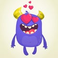 Cartoon blue cool monster in love. St Valentines vector illustration of loving monster waving.