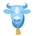 Cartoon blue cow head with gold bell on the neck. Cow icon isolated on white background