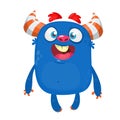 Cartoon blue funny monster. Halloween vector illustration of excited monster.