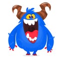 Cartoon blue monster. Vector cartoon fluffy Halloween monster. Funny troll or gremlin character.