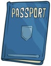 Cartoon blue passport book with shield vector icon