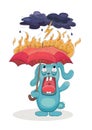 The cartoon blue rabbit screams and stands under a burning umbrella