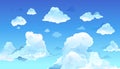 Cartoon blue sky. Realistic summer clouds, clean nature landscape. Daytime cloudy heaven. Weather forecast or