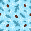 Cartoon blue spruce branches on winter light blue background with white snowflakes and cones seamless pattern, christmas Royalty Free Stock Photo