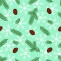 Cartoon blue spruce branches on winter light green background with white snowflakes and cones seamless pattern, christmas Royalty Free Stock Photo