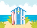 Cartoon blue wooden beach cabin with lifebuoy and surf.