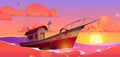 Cartoon boat floating in sea, sunset background Royalty Free Stock Photo
