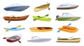 Cartoon boat types. Marine boats with paddles, color canoes and powerboat for fishing vector illustration set