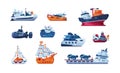 Cartoon boats. Sea transport. Fishing trawler and cargo ship. Wooden sailboat. Funny submarine and warship. Ferry or