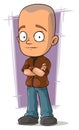 Cartoon bold boy in brown jacket and jeans