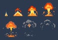 Cartoon bomb explosion animation. Exploding animated frames, atomic explode effect and explosions smoke vector Royalty Free Stock Photo