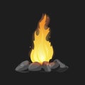Cartoon Bonfire with stones on black background isolated illustration.
