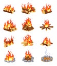 Cartoon bonfire. Summer campfires flame with firewood. Burning stacked wood. Flat gaming camping design isolated vector