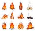 Cartoon bonfires. Outdoor burning fire flames with stone border, burned out bonfire. Forest tourist burning campfire