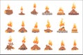 Cartoon bonfires set, types of tourist tcampfires vector Illustrations