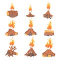 Cartoon bonfires set, types of tourist tcampfires vector Illustrations