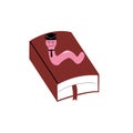 Cartoon bookworm in a square academic cap and tie crawls on a book