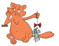 Cartoon bored cat plays with a mouse, vector illustration. Royalty Free Stock Photo