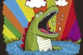 Cartoon of a bored Crocodile yawning with a rainbow coming out of it`s mouth