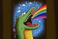 Cartoon of a bored Crocodile yawning with a rainbow coming out of it`s mouth