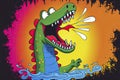 Cartoon of a bored Crocodile yawning with a rainbow coming out of it`s mouth