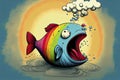 Cartoon of a bored fish yawning with a rainbow coming out of it`s mouth