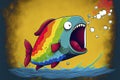 Cartoon of a bored fish yawning with a rainbow coming out of it`s mouth