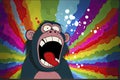 Cartoon of a bored Monkey yawning with a rainbow coming out of it`s mouth