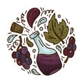 Cartoon bottle with isolated black grapes. Round doodle template of red wine or balsamic vinegar. Hand drawn vector concept. Color